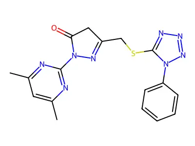 2-(4,6-dimethylpyrimidin-2-yl)-5-{[(1-phenyl-1H-tetrazol-5-yl)sulfanyl]methyl}-2,4-dihydro-3H-pyrazol-3-one structure