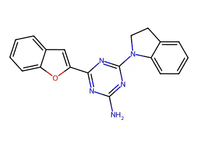 4-(1-benzofuran-2-yl)-6-(2,3-dihydro-1H-indol-1-yl)-1,3,5-triazin-2-amine structure