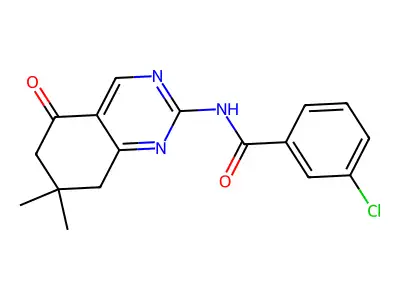 3-chloro-N-(7,7-dimethyl-5-oxo-5,6,7,8-tetrahydroquinazolin-2-yl)benzamide structure