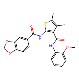 N-[3-[(2-methoxyphenyl)carbamoyl]-4,5-dimethylthiophen-2-yl]-1,3-benzodioxole-5-carboxamide structure
