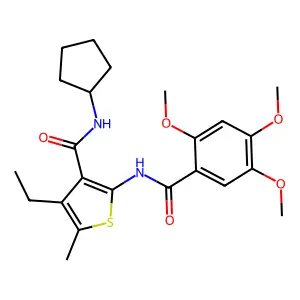 N-cyclopentyl-4-ethyl-5-methyl-2-[(2,4,5-trimethoxybenzoyl)amino]thiophene-3-carboxamide structure