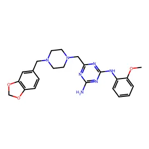 6-{[4-(1,3-benzodioxol-5-ylmethyl)piperazin-1-yl]methyl}-N-(2-methoxyphenyl)-1,3,5-triazine-2,4-diamine structure