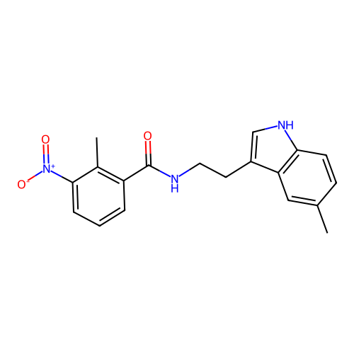 2-methyl-N-[2-(5-methyl-1H-indol-3-yl)ethyl]-3-nitrobenzamide structure
