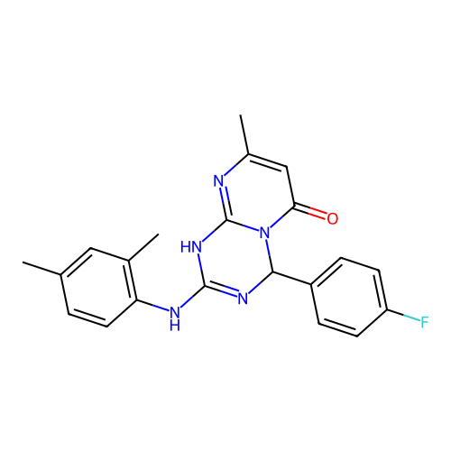 2-((2,4-dimethylphenyl)amino)-4-(4-fluorophenyl)-8-methyl-1H-pyrimido[1,2-a][1,3,5]triazin-6(4H)-one structure