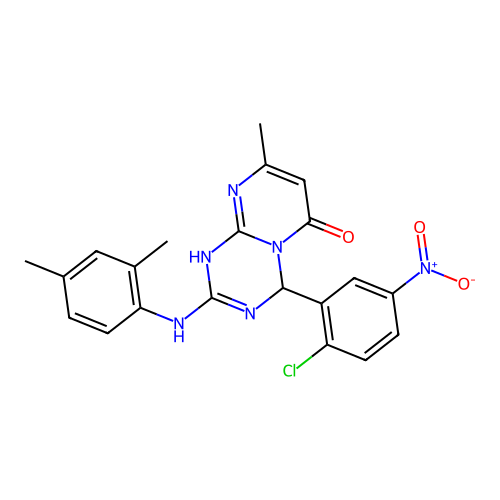 4-(2-chloro-5-nitrophenyl)-2-[(2,4-dimethylphenyl)amino]-8-methyl-1,4-dihydro-6H-pyrimido[1,2-a][1,3,5]triazin-6-one structure
