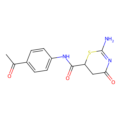 N-(4-acetylphenyl)-2-amino-4-oxo-5,6-dihydro-4H-1,3-thiazine-6-carboxamide structure