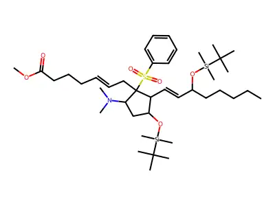 methyl (E)-7-[1-(benzenesulfonyl)-5-dimethylamino-3-(dimethyl-tert-butyl-silyl)oxy-2-[(E)-3-(dimethyl-tert-butyl-silyl)oxyoct-1-enyl]cyclopentyl]hept-5-enoate structure