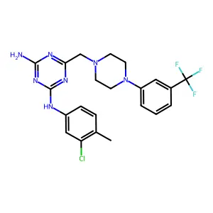 N-(3-chloro-4-methylphenyl)-6-((4-(3-(trifluoromethyl)phenyl)-1-piperazinyl)methyl)-1,3,5-triazine-2,4-diamine structure