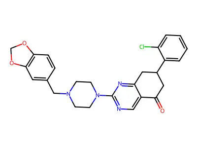 2-[4-(1,3-benzodioxol-5-ylmethyl)piperazin-1-yl]-7-(2-chlorophenyl)-7,8-dihydroquinazolin-5(6H)-one structure