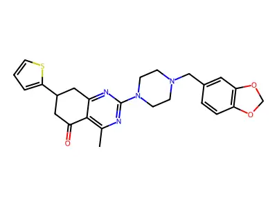2-[4-(1,3-benzodioxol-5-ylmethyl)piperazin-1-yl]-4-methyl-7-(thiophen-2-yl)-7,8-dihydroquinazolin-5(6H)-one structure