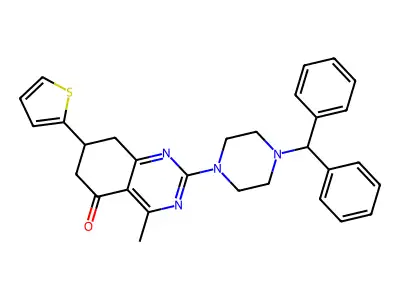 2-[4-(diphenylmethyl)piperazin-1-yl]-4-methyl-7-(thiophen-2-yl)-7,8-dihydroquinazolin-5(6H)-one structure
