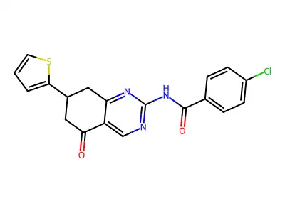 4-chloro-N-(5-oxo-7-(thiophen-2-yl)-5,6,7,8-tetrahydroquinazolin-2-yl)benzamide structure