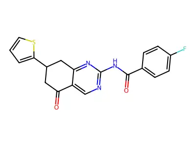 4-fluoro-N-[5-oxo-7-(thiophen-2-yl)-5,6,7,8-tetrahydroquinazolin-2-yl]benzamide structure