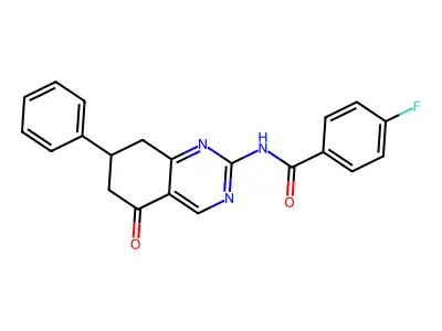 4-fluoro-N-(5-oxo-7-phenyl-5,6,7,8-tetrahydroquinazolin-2-yl)benzamide structure