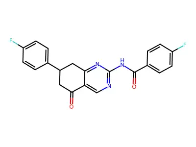 4-fluoro-N-[7-(4-fluorophenyl)-5-oxo-5,6,7,8-tetrahydroquinazolin-2-yl]benzamide structure