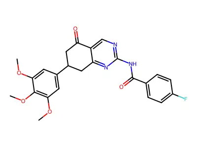 4-fluoro-N-[5-oxo-7-(3,4,5-trimethoxyphenyl)-5,6,7,8-tetrahydroquinazolin-2-yl]benzamide structure