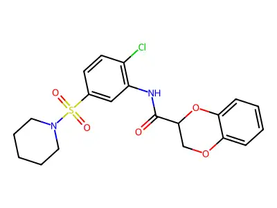 N-(2-chloro-5-piperidin-1-ylsulfonylphenyl)-2,3-dihydro-1,4-benzodioxine-3-carboxamide structure