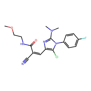 (E)-3-[5-chloro-2-(dimethylamino)-1-(4-fluorophenyl)imidazol-4-yl]-2-cyano-N-(2-methoxyethyl)prop-2-enamide structure