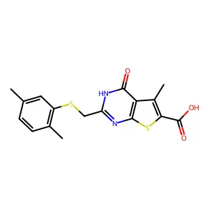 2-{[(2,5-dimethylphenyl)sulfanyl]methyl}-5-methyl-4-oxo-3H,4H-thieno[2,3-d]pyrimidine-6-carboxylic acid structure