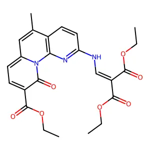 diethyl 2-[[(9-ethoxycarbonyl-5-methyl-10-oxopyrido[1,2-a][1,8]naphthyridin-2-yl)amino]methylidene]propanedioate structure