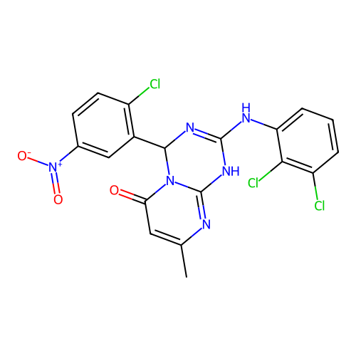 4-(2-chloro-5-nitrophenyl)-2-[(2,3-dichlorophenyl)amino]-8-methyl-1,4-dihydro-6H-pyrimido[1,2-a][1,3,5]triazin-6-one structure