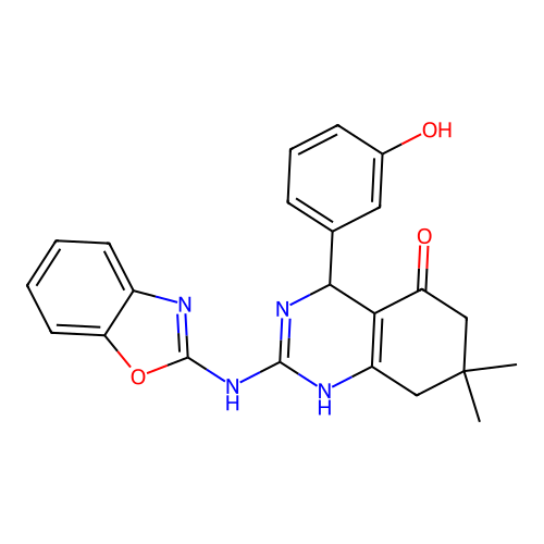 2-(1,3-benzoxazol-2-ylamino)-4-(3-hydroxyphenyl)-7,7-dimethyl-1,4,6,8-tetrahydroquinazolin-5-one structure
