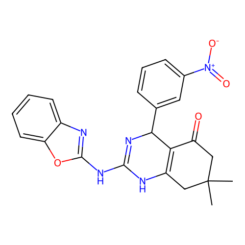 2-(1,3-benzoxazol-2-ylamino)-7,7-dimethyl-4-(3-nitrophenyl)-1,4,6,8-tetrahydroquinazolin-5-one structure