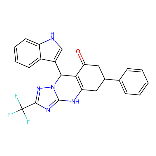 9-(1H-indol-3-yl)-6-phenyl-2-(trifluoromethyl)-5,6,7,9-tetrahydro-[1,2,4]triazolo[5,1-b]quinazolin-8(4H)-one structure