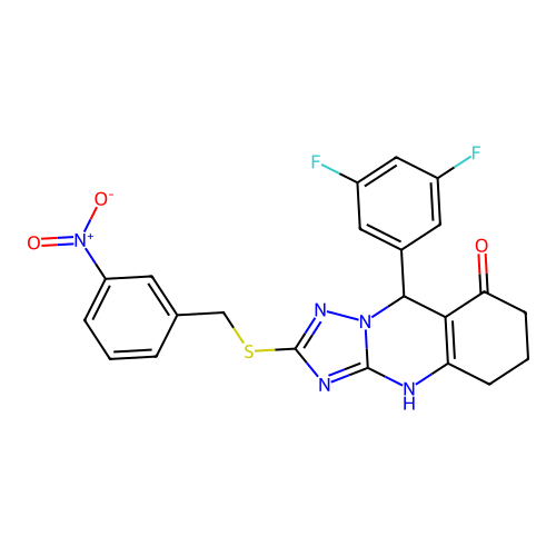 9-(3,5-difluorophenyl)-2-[(3-nitrobenzyl)sulfanyl]-5,6,7,9-tetrahydro[1,2,4]triazolo[5,1-b]quinazolin-8(4H)-one structure