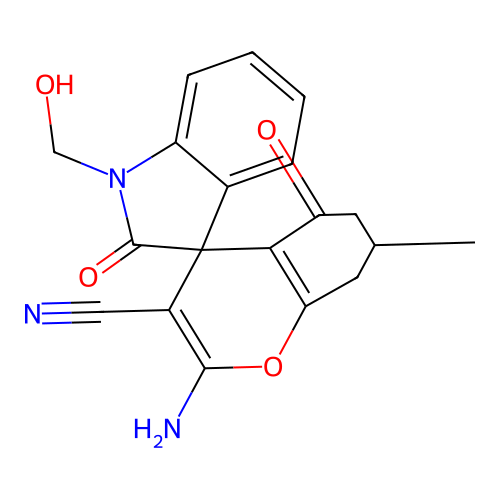 2-amino-1'-(hydroxymethyl)-7-methyl-2',5-dioxo-1',2',5,6,7,8-hexahydrospiro[chromene-4,3'-indole]-3-carbonitrile structure