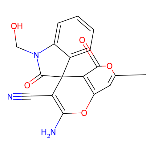 2'-amino-1-(hydroxymethyl)-7'-methyl-2,5'-dioxo-1,2-dihydro-5'H-spiro[indole-3,4'-pyrano[4,3-b]pyran]-3'-carbonitrile structure