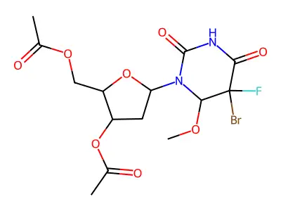 [3-acetyloxy-5-(5-bromo-5-fluoro-6-methoxy-2,4-dioxo-1,3-diazinan-1-yl)oxolan-2-yl]methyl acetate structure