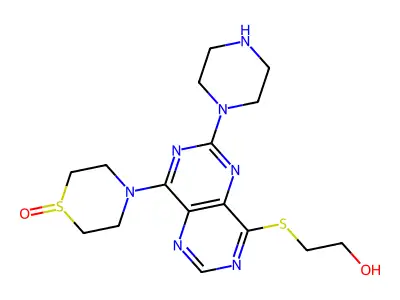 8-(2-Hydroxyethyl-thio)-4-(1-oxido-thiomorpholino)-2-piperazino-pyrimido(5,4-d)pyrimidine structure