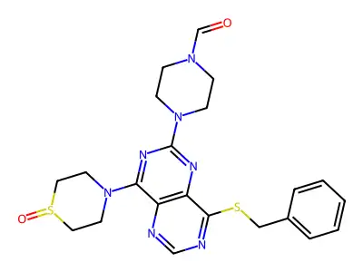 8-Benzylthio-2-(N-formylpiperazino)-4-(1-oxidothiomorpholino)-pyrimido(5,4-d)pyrimidine structure