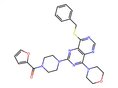 8-Benzylthio-2-(N-(2-furoyl)piperazino)-4-morpholino-pyrimido(5,4-d)pyrimidine structure