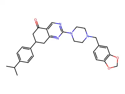 2-[4-(1,3-benzodioxol-5-ylmethyl)piperazin-1-yl]-7-[4-(propan-2-yl)phenyl]-7,8-dihydroquinazolin-5(6H)-one structure