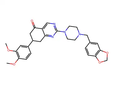 2-[4-(1,3-benzodioxol-5-ylmethyl)piperazin-1-yl]-7-(3,4-dimethoxyphenyl)-7,8-dihydroquinazolin-5(6H)-one structure
