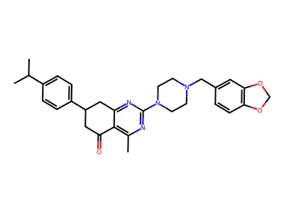 2-[4-(1,3-benzodioxol-5-ylmethyl)piperazin-1-yl]-4-methyl-7-[4-(propan-2-yl)phenyl]-7,8-dihydroquinazolin-5(6H)-one structure