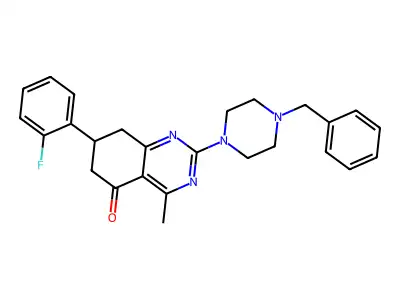 2-(4-benzylpiperazin-1-yl)-7-(2-fluorophenyl)-4-methyl-7,8-dihydroquinazolin-5(6H)-one structure