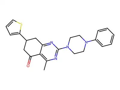 4-methyl-2-(4-phenylpiperazin-1-yl)-7-(thiophen-2-yl)-7,8-dihydroquinazolin-5(6H)-one structure