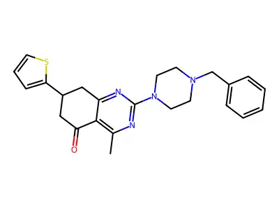 2-(4-benzylpiperazin-1-yl)-4-methyl-7-(thiophen-2-yl)-7,8-dihydroquinazolin-5(6H)-one structure