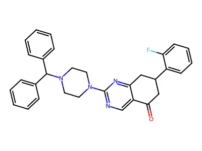 2-[4-(diphenylmethyl)piperazin-1-yl]-7-(2-fluorophenyl)-7,8-dihydroquinazolin-5(6H)-one structure