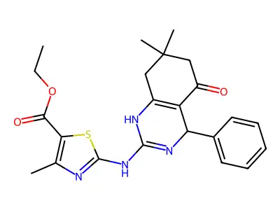 ethyl 2-[(7,7-dimethyl-5-oxo-4-phenyl-1,4,5,6,7,8-hexahydroquinazolin-2-yl)amino]-4-methyl-1,3-thiazole-5-carboxylate structure