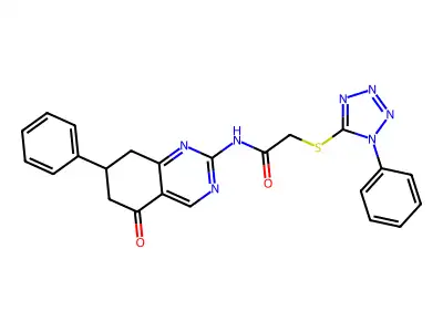N-(5-oxo-7-phenyl-5,6,7,8-tetrahydroquinazolin-2-yl)-2-[(1-phenyl-1H-tetrazol-5-yl)sulfanyl]acetamide structure