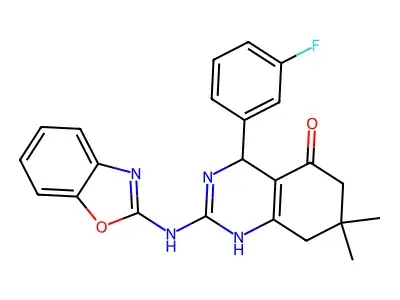 2-(1,3-benzoxazol-2-ylamino)-4-(3-fluorophenyl)-7,7-dimethyl-4,6,7,8-tetrahydroquinazolin-5-ol structure