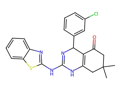 2-(1,3-benzothiazol-2-ylamino)-4-(3-chlorophenyl)-7,7-dimethyl-4,6,7,8-tetrahydroquinazolin-5(1H)-one structure