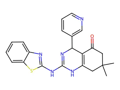 2-(1,3-benzothiazol-2-ylamino)-7,7-dimethyl-4-(pyridin-3-yl)-4,6,7,8-tetrahydroquinazolin-5(1H)-one structure