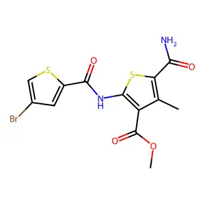 methyl 2-(4-bromothiophene-2-carboxamido)-5-carbamoyl-4-methylthiophene-3-carboxylate structure