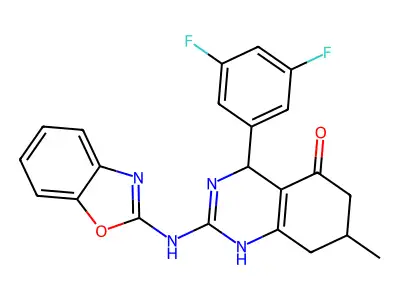 2-(1,3-benzoxazol-2-ylamino)-4-(3,5-difluorophenyl)-7-methyl-4,6,7,8-tetrahydroquinazolin-5(1H)-one structure