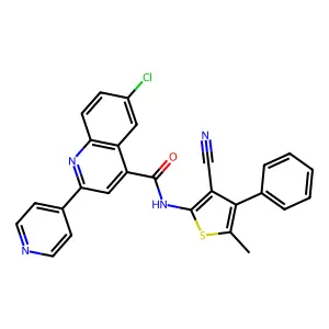 6-chloro-N-(3-cyano-5-methyl-4-phenylthiophen-2-yl)-2-pyridin-4-ylquinoline-4-carboxamide structure